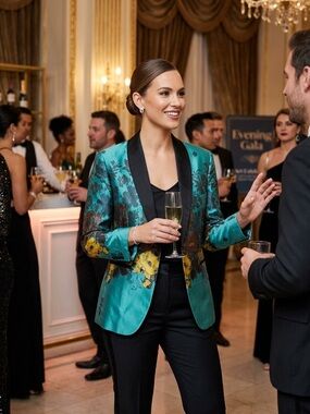 BARRY.WANG Women’s Teal Floral Blazer Black Satin Lapel Lined Button, Sz 2XL